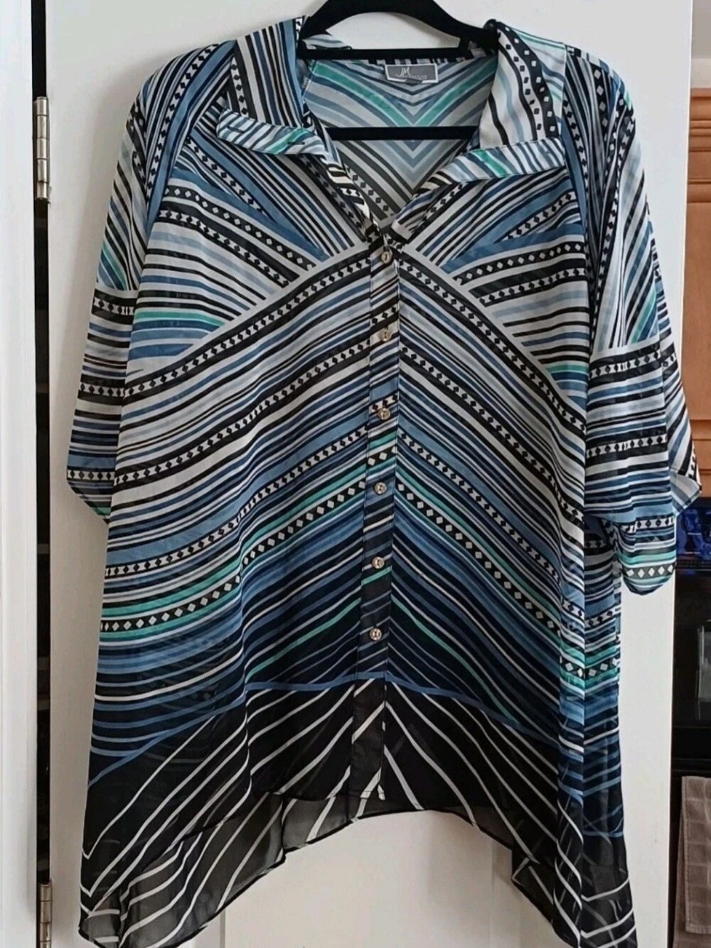 JM Collection Blouse 1X Blue White Black Stripes Geometric Semi Sheer Relaxed